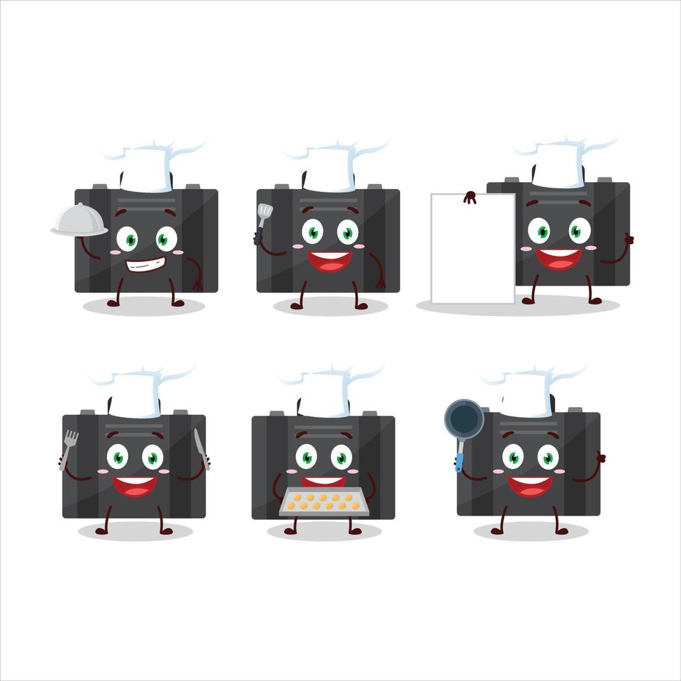Cartoon character of black suitcase with various chef emoticons vector