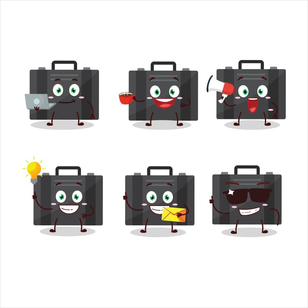 Black suitcase cartoon character with various types of business emoticons vector