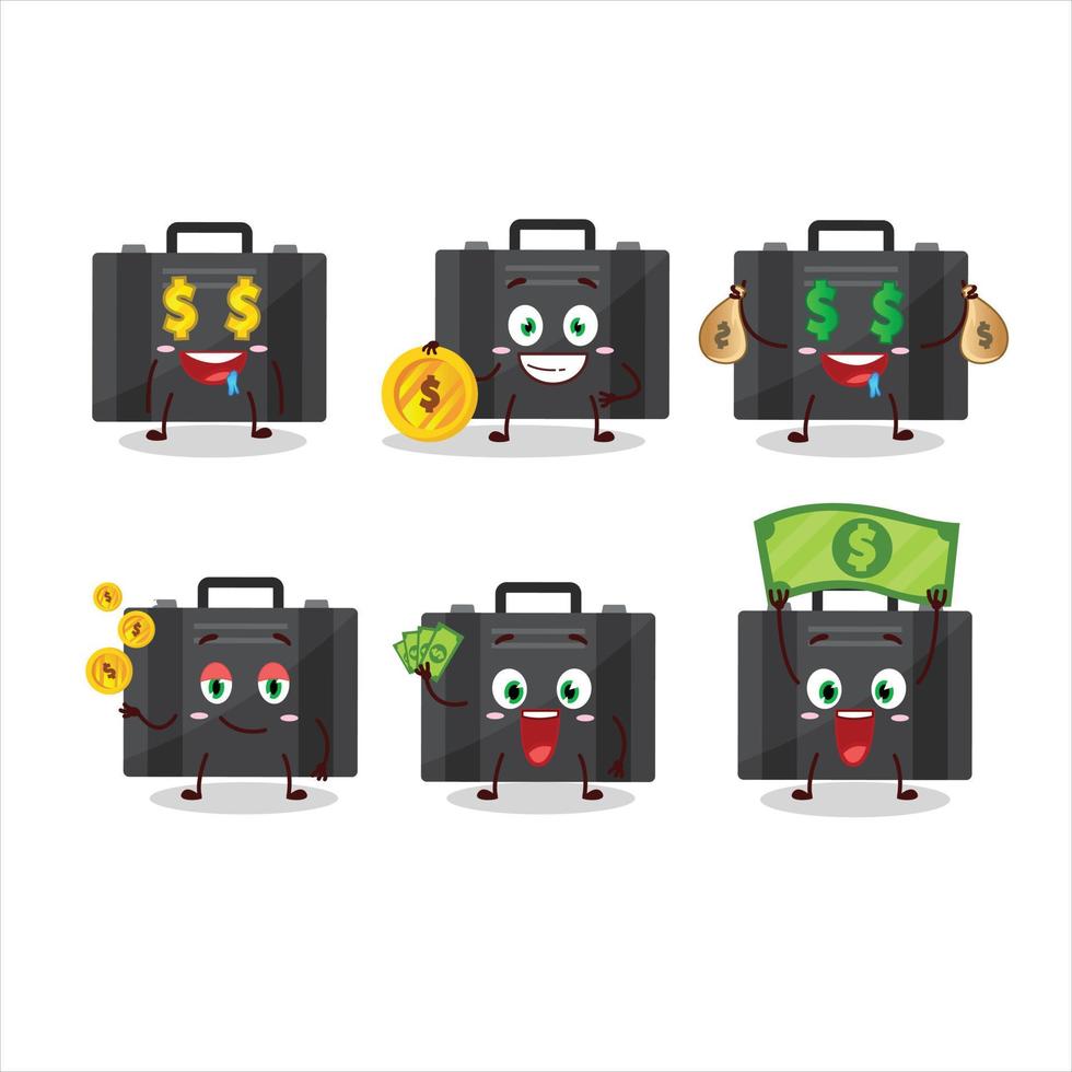 negro maleta dibujos animados personaje con linda emoticon traer dinero vector