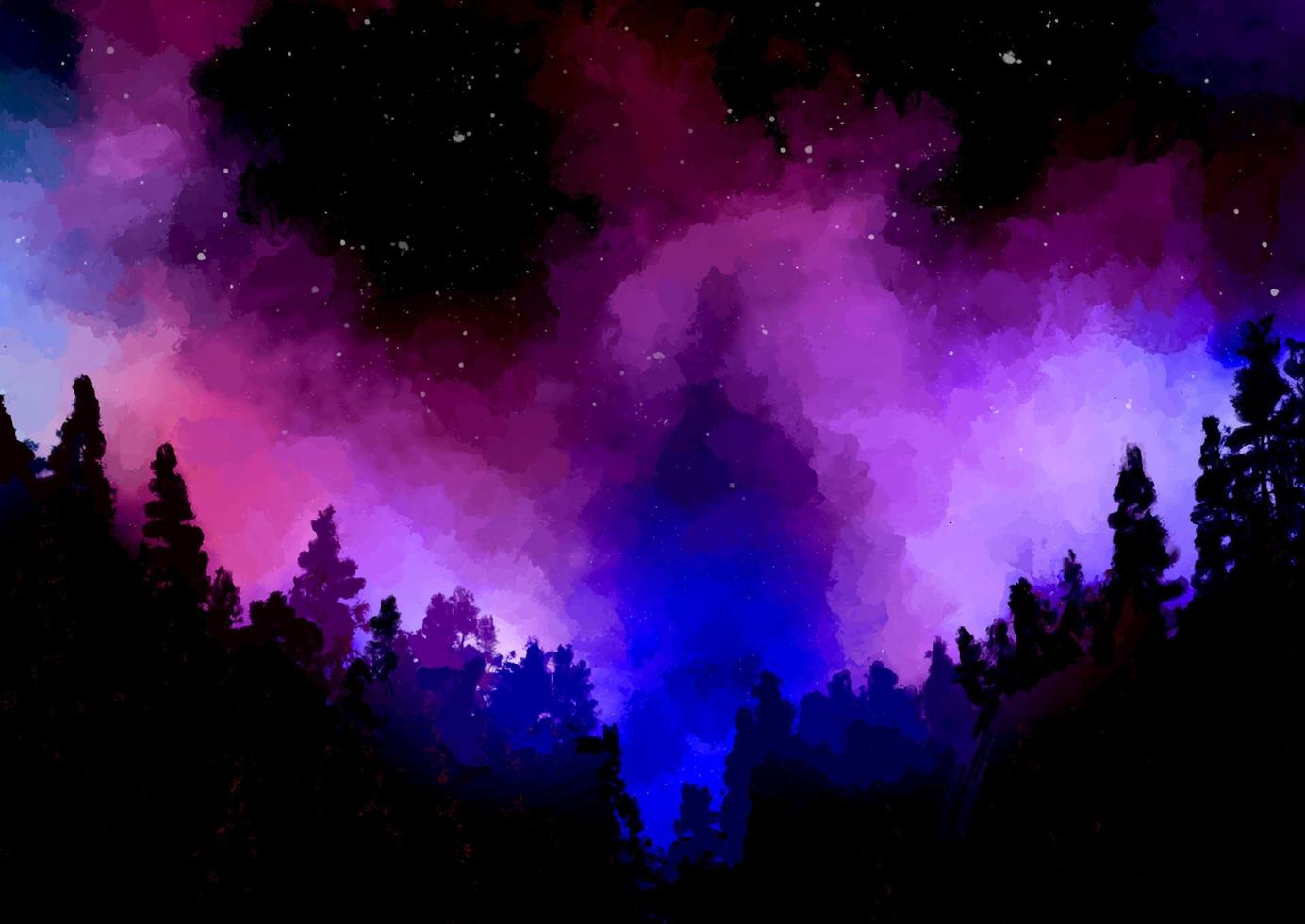 hand painted tree landscape against a sky with northern lights vector