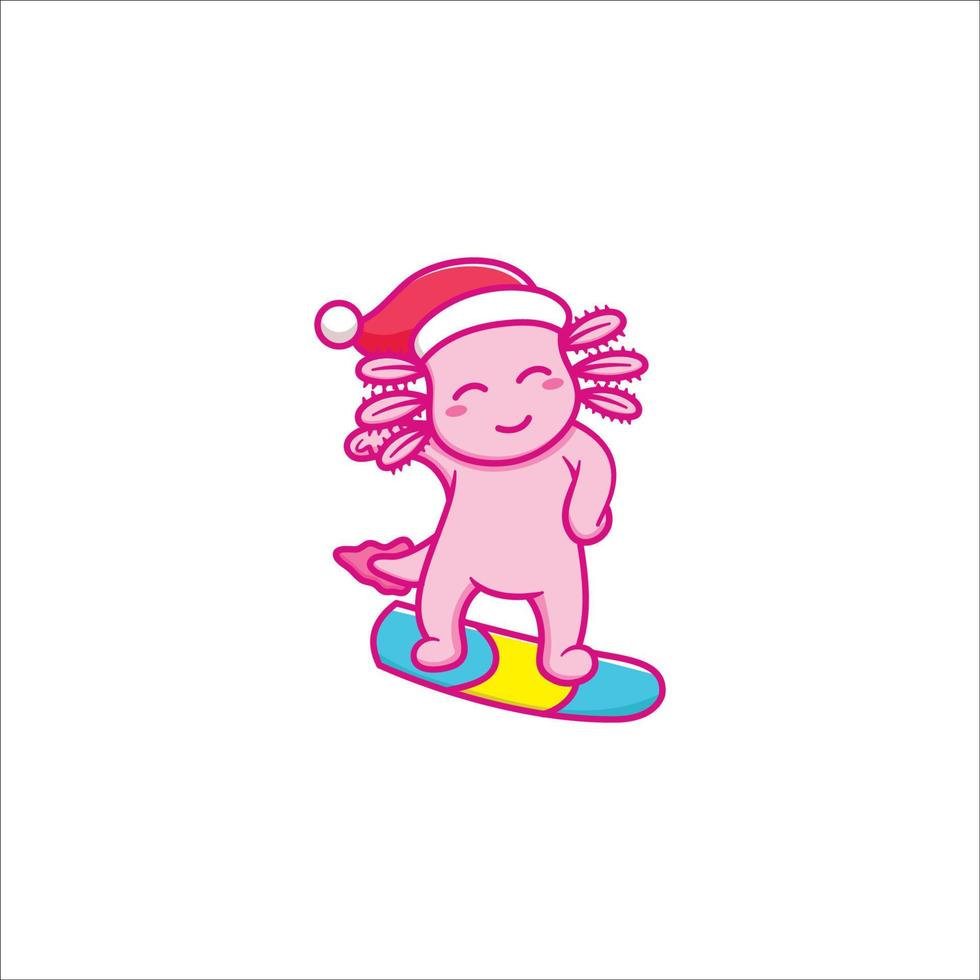 Cute Vector Axolotl Riding a Surfboard with Christmas Hat