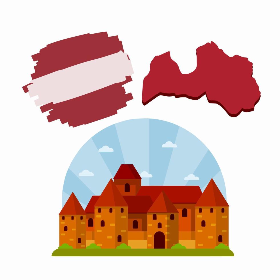 Medieval fortress with towers and walls. Trakai castle. Lithuanian tourist attraction. Old European city. Historical building of knight. Red house. Flat cartoon vector