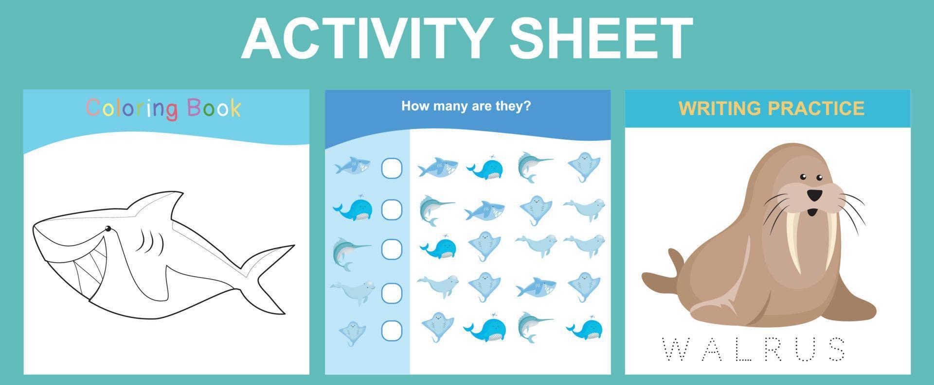 Activity sheet for children. Educational printable worksheet. Sea animal worksheet theme. Motor skills education. Vector illustrations.