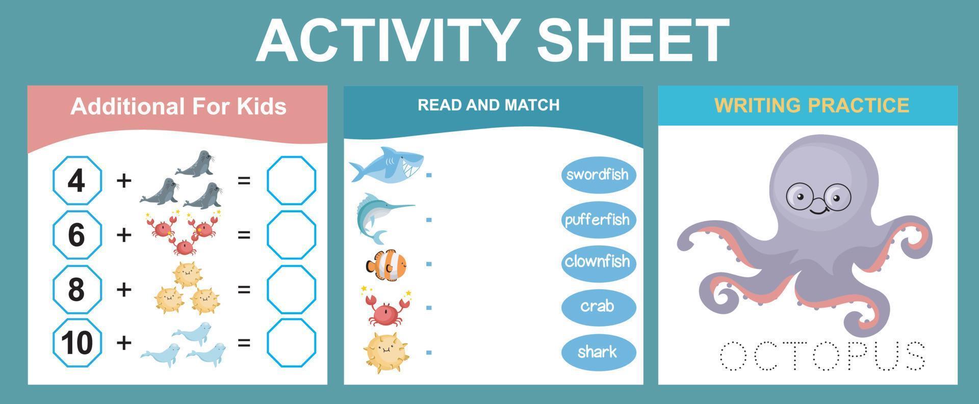 Activity sheet for children. Educational printable worksheet. Sea animal worksheet theme. Motor skills education. Vector illustrations.