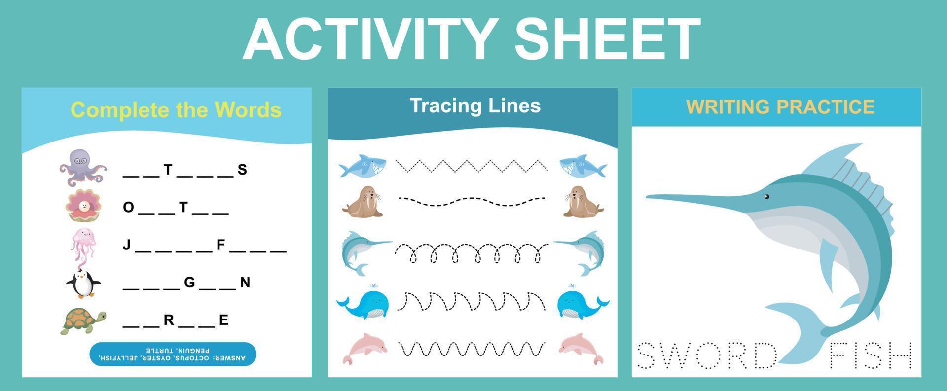 Activity sheet for children. Educational printable worksheet. Sea animal worksheet theme. Motor skills education. Vector illustrations.