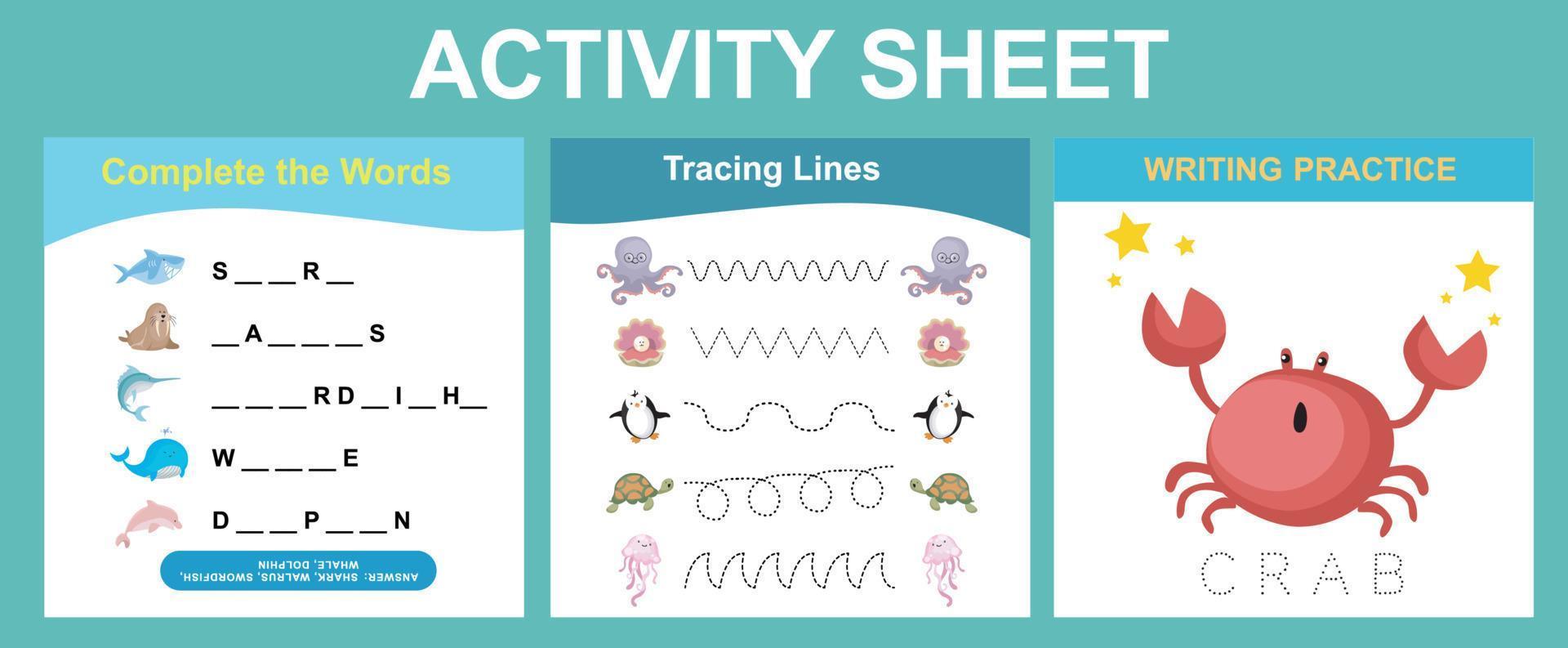 Activity sheet for children. Educational printable worksheet. Sea animal worksheet theme. Motor skills education. Vector illustrations.