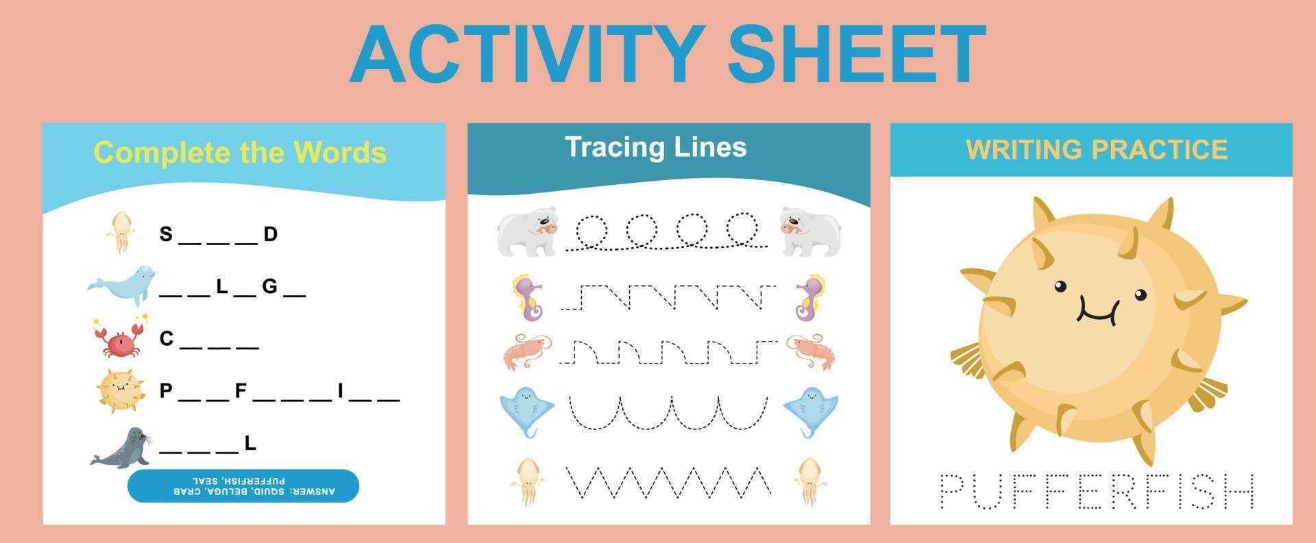 Activity sheet for children. Educational printable worksheet. Sea animal worksheet theme. Motor skills education. Vector illustrations.