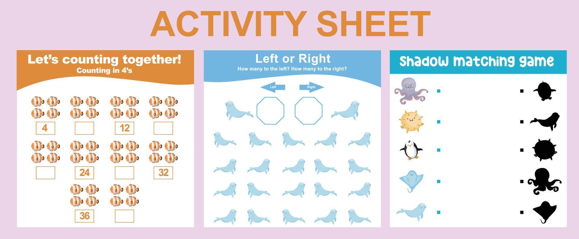 Activity sheet for children. Educational printable worksheet. Sea animal worksheet theme. Motor skills education. Vector illustrations.