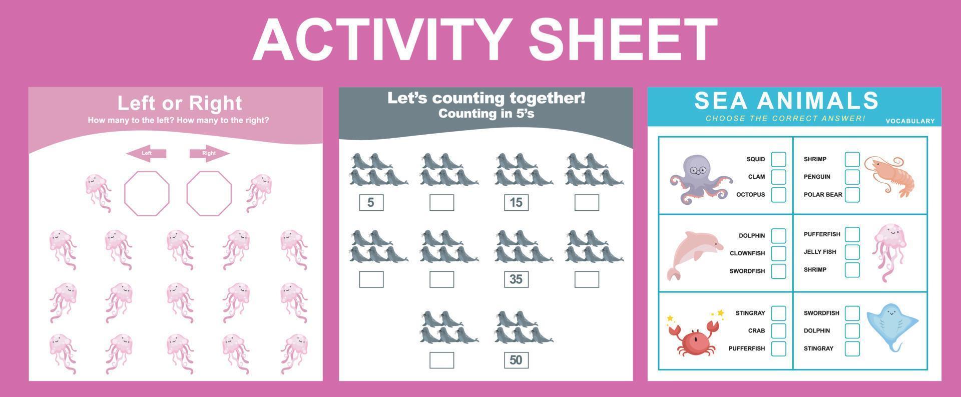 Activity sheet for children. Educational printable worksheet. Sea animal worksheet theme. Motor skills education. Vector illustrations.