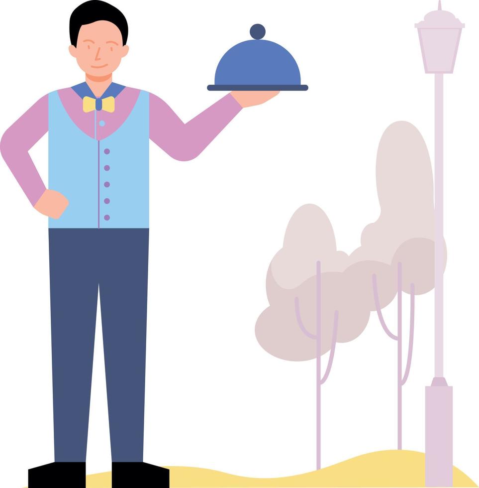 A waiter stands with a dish. vector