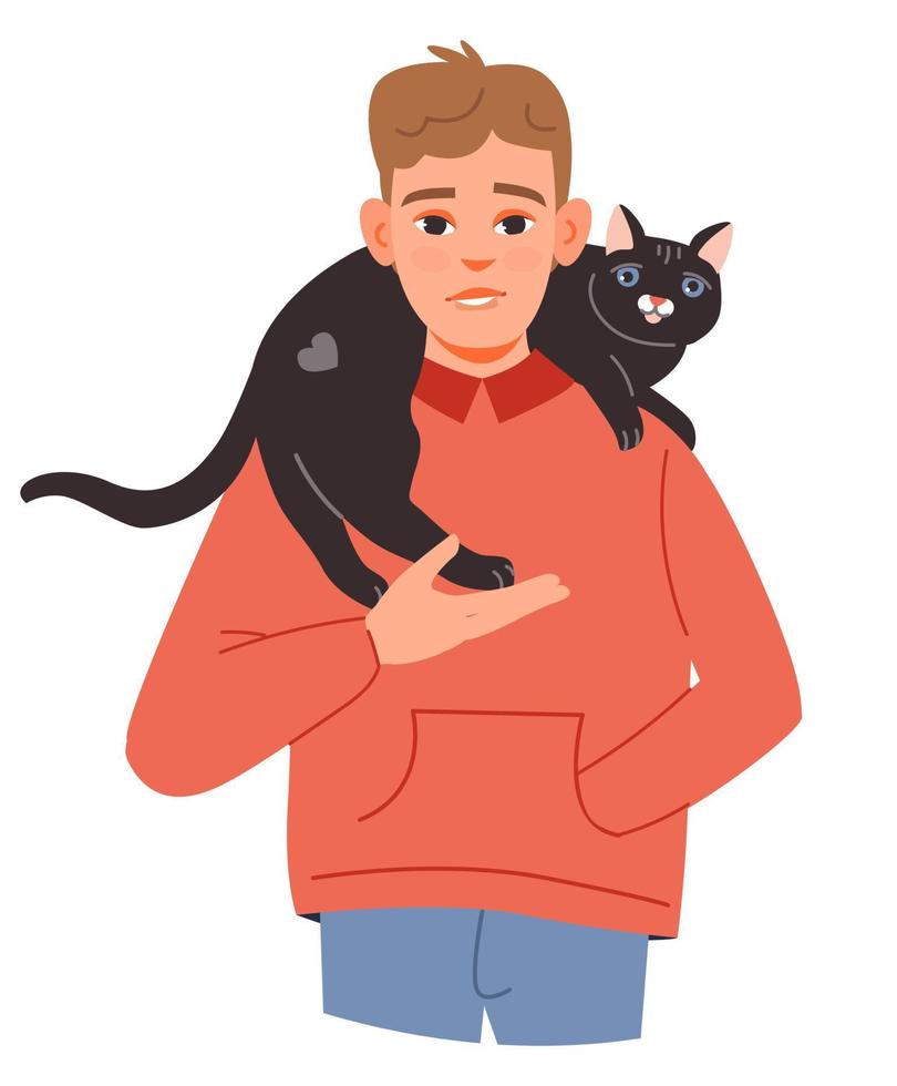 Pet owner. A young man with a cat on his shoulders.  Flat vector illustration.