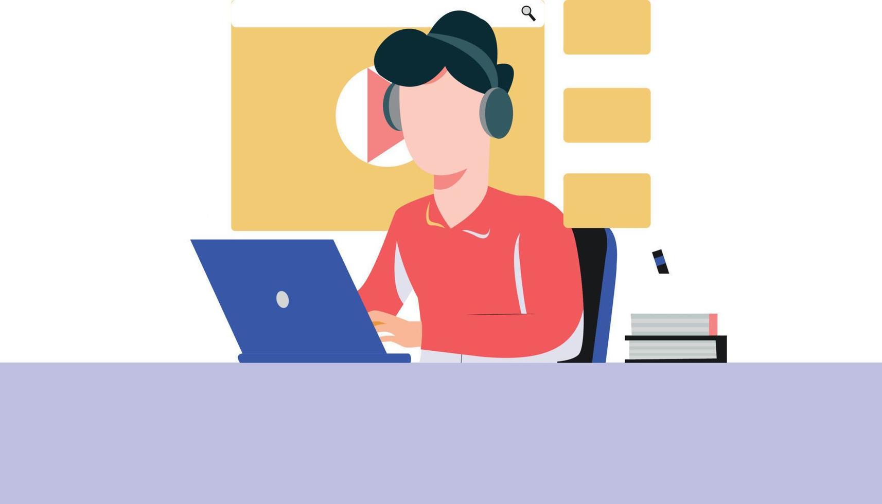 Boy wearing headphones using laptop. vector