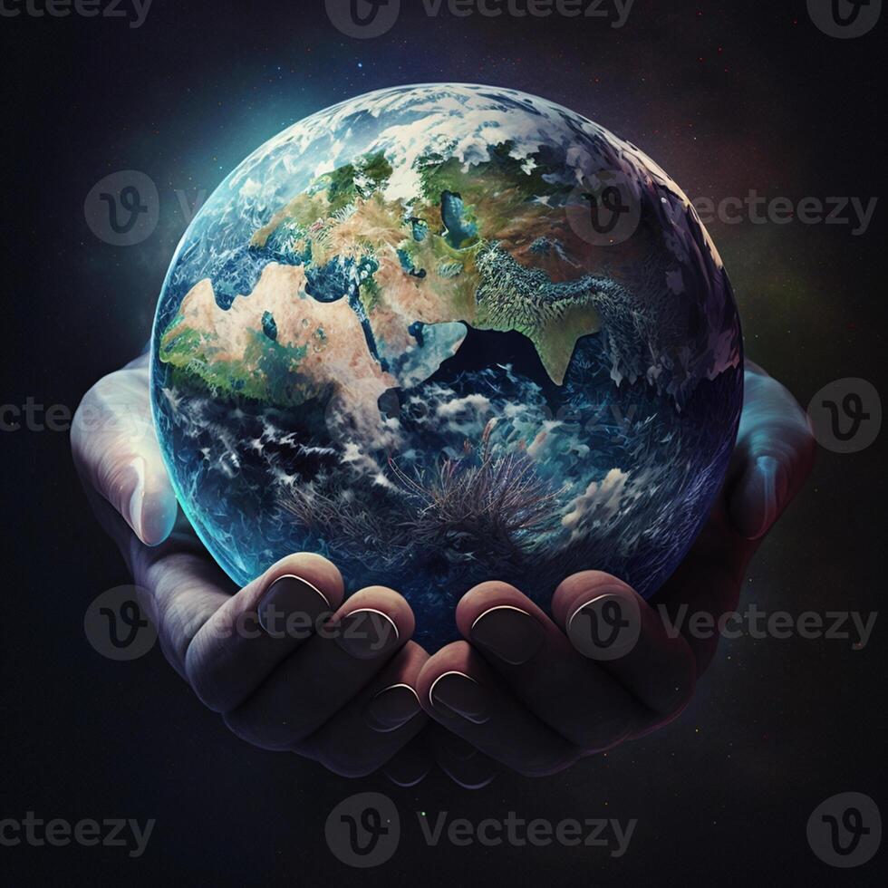 illustration hand holding planet earth, photo