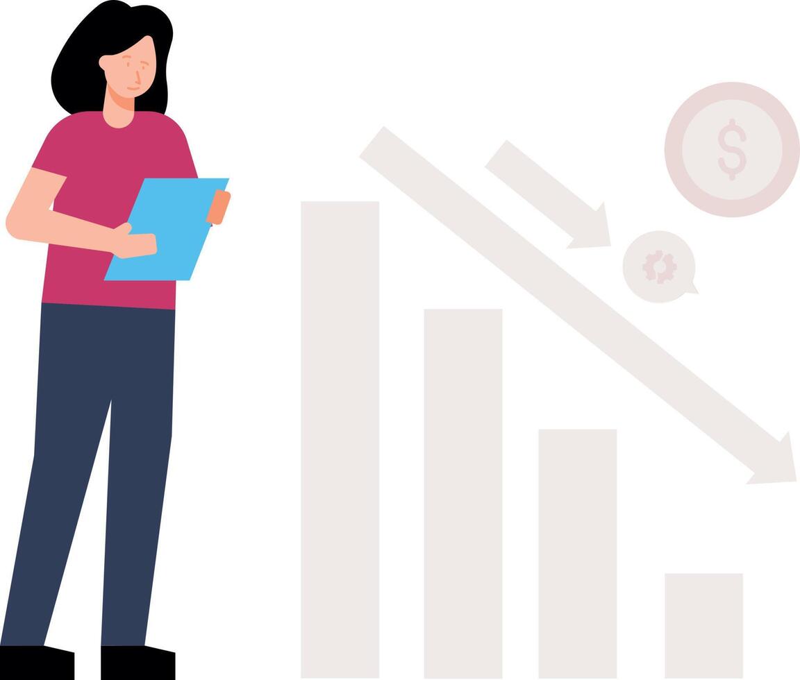 The girl is looking at the falling dollar graph. vector