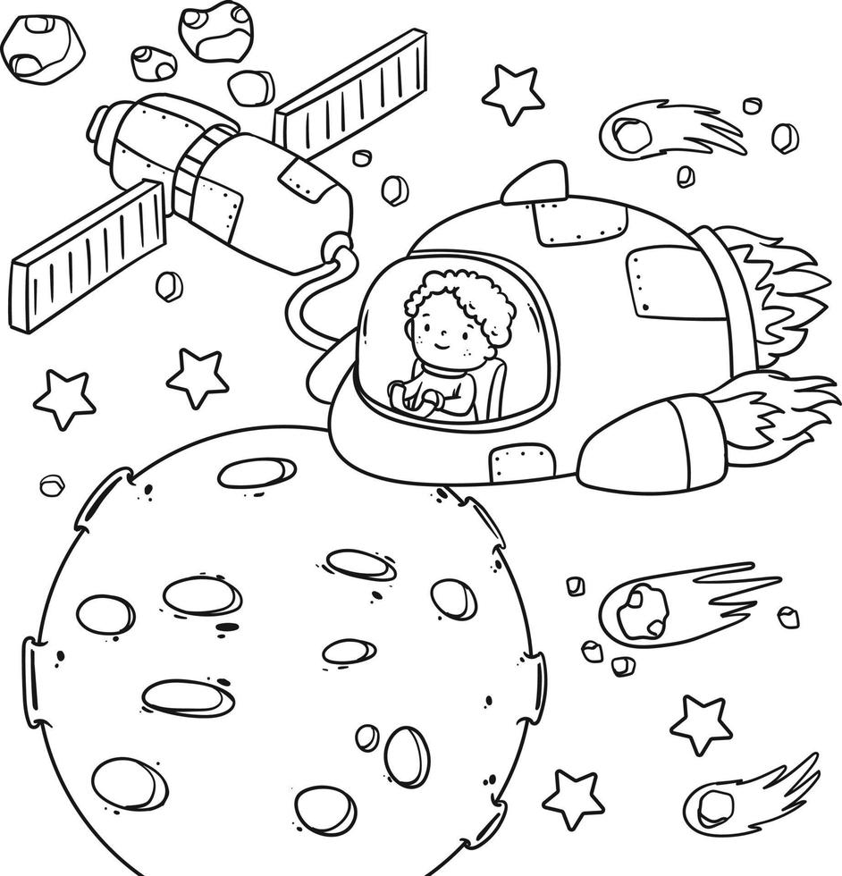 Cute and funny coloring page of an astronaut, rocket, satellite, planet, meteor, aliens, cosmic set. Provides hours of coloring fun for children. To color this page is very easy. vector