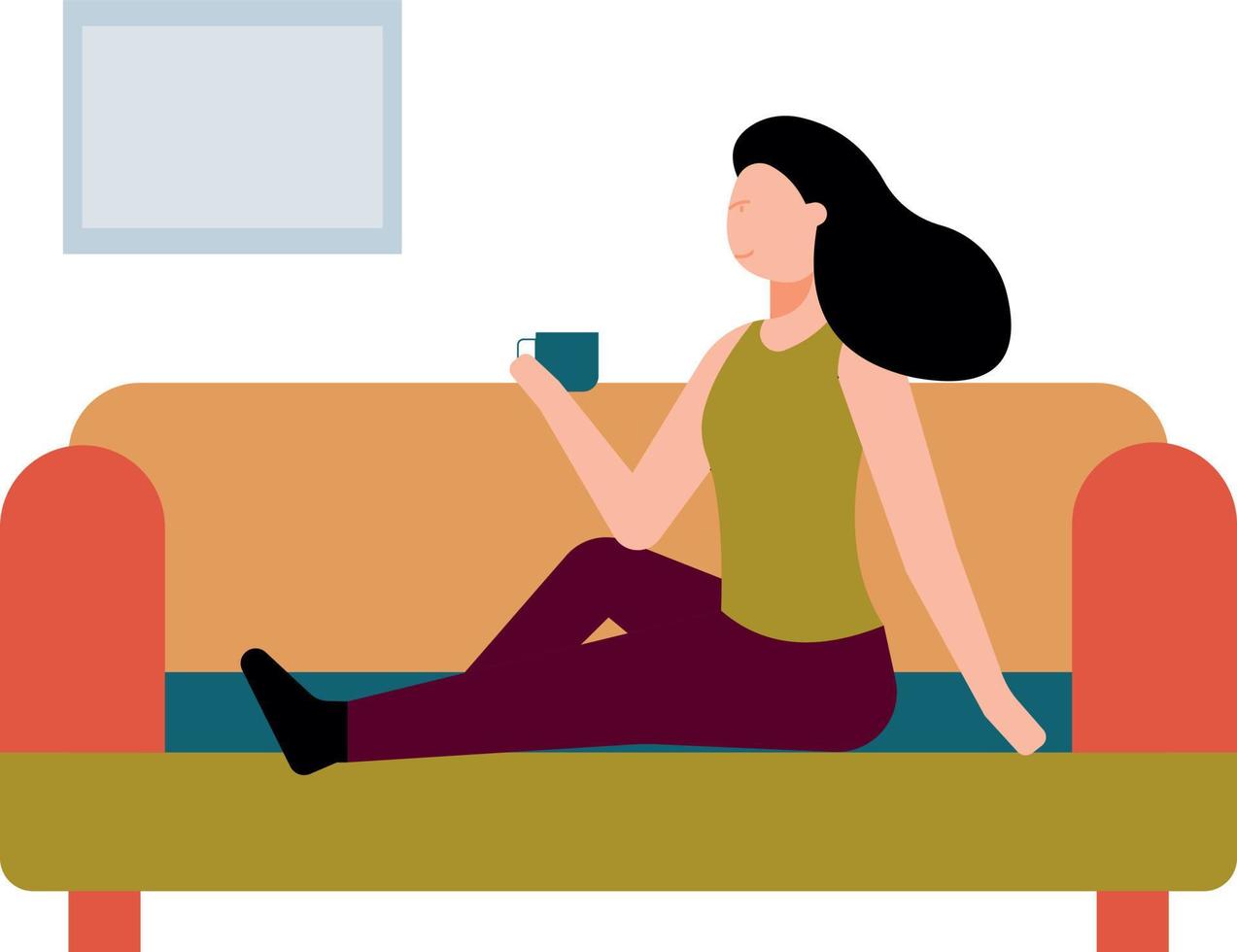 The girl is sitting on the couch drinking tea. vector