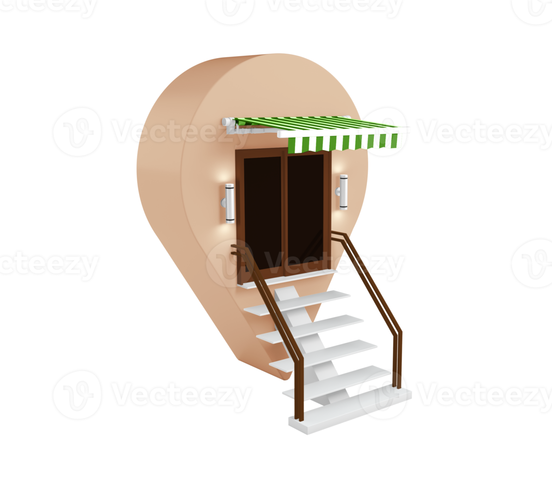 incomum 3d ilustração do uma gelo creme fazer compras construção com vermelho toldo e ao ar livre PIN localização mapa png