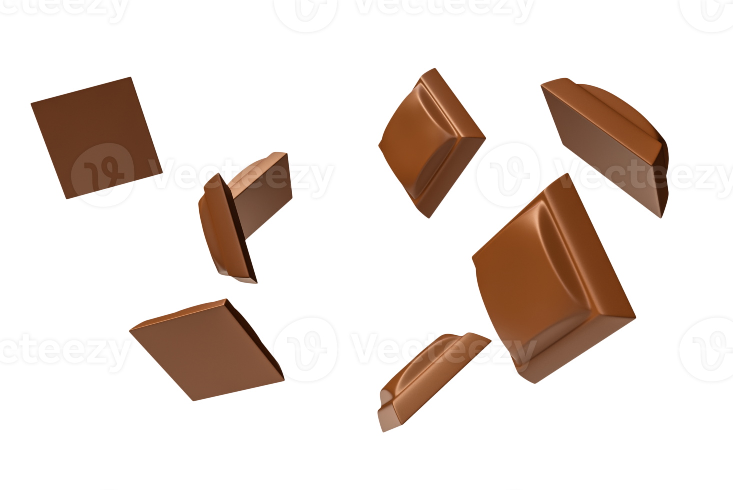 cerca arriba de chocolate piezas apilar que cae muchos chocolate cubitos que cae con uno cerca en el centro. 3d representación 3d ilustración png