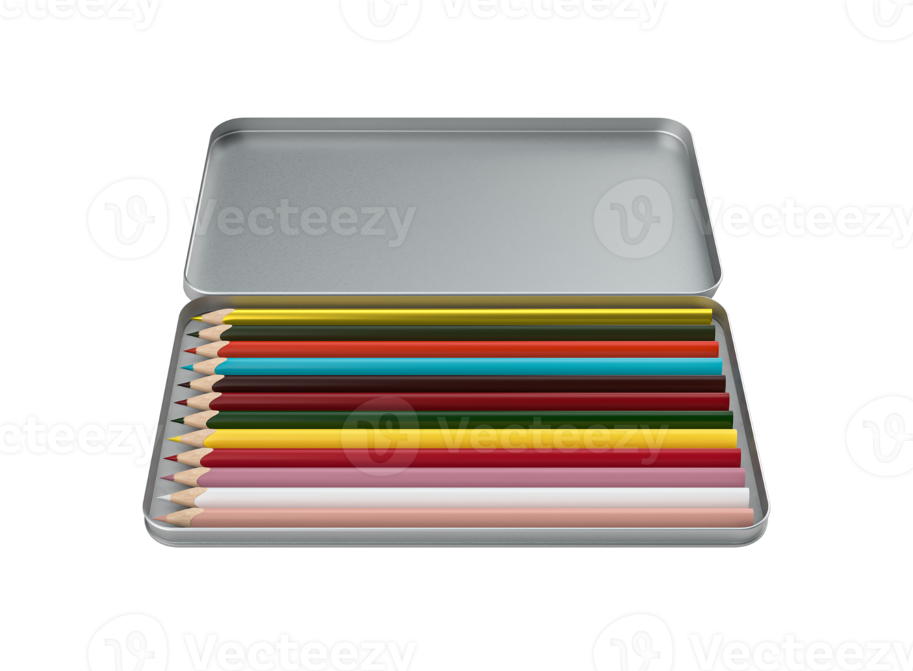 Row of Pencil in rainbow colors in open aluminum box isolated colorful crayons for drawing concept back to school 3d illustration png