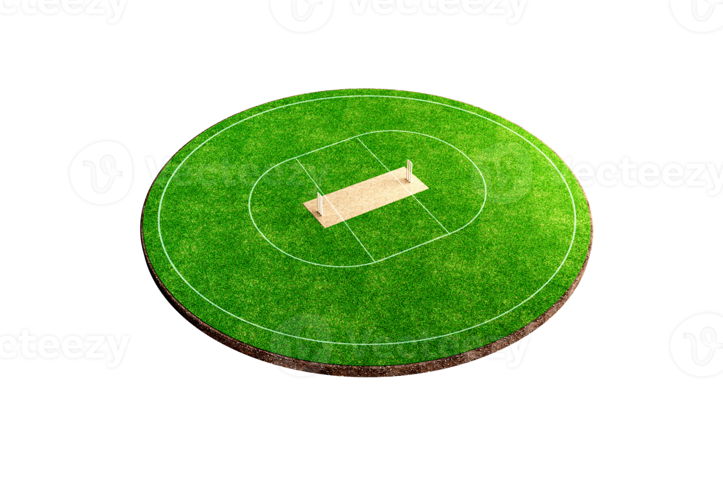 vista frontale dello stadio di cricket su campo da cricket o campo da gioco sportivo con palla, stadio in erba o arena circolare per serie di cricket, prato verde o terreno per battitore, giocatore di bocce. illustrazione 3d del campo esterno png