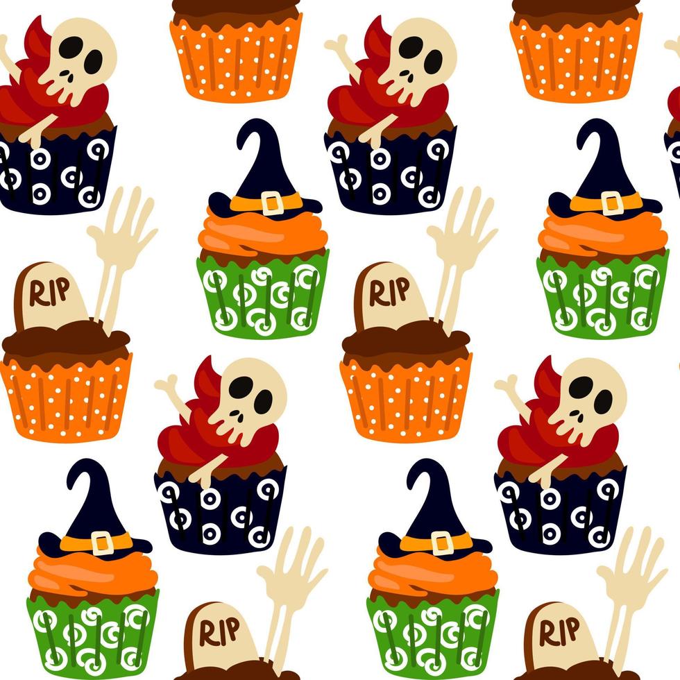 A pattern of cupcakes for Halloween. Baked goods in the form of muffins with a witch's hat, a grave, a skeleton, a skull. Cartoon vector. Wrapping paper for Halloween, cover, pattern, fabric. White vector