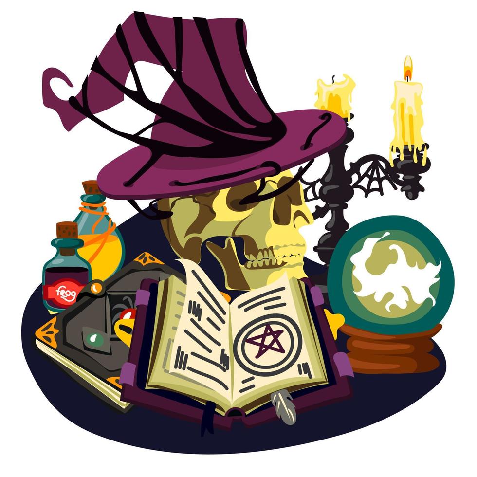 A fortune teller's table with magical items. Esoteric and mystical recipes. Cartoon. Magic ball, skull, potions, candles, candlestick, crystals, magic book, witch's hat. Still life for divination vector