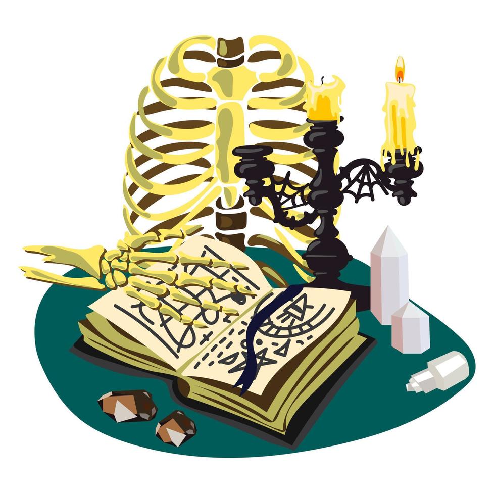 An open book with magic spells, witchcraft, divination. Fantastic ancient volumes with esoteric recipes and mystical recipes. Cartoon. Ribs, human skeleton, candles, candlestick, crystals, simple book vector