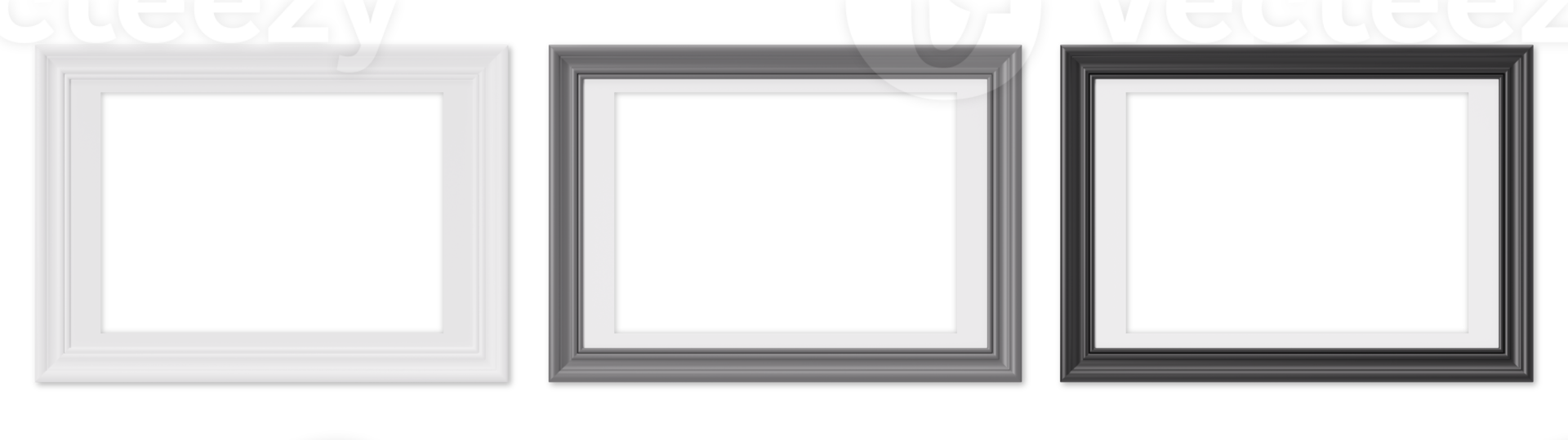 Set of horizontal picture frames on transparent background, as png. White, gray and black frames with passepartout. Template, mock up for your picture, poster, artwork presentation. 3d render. png