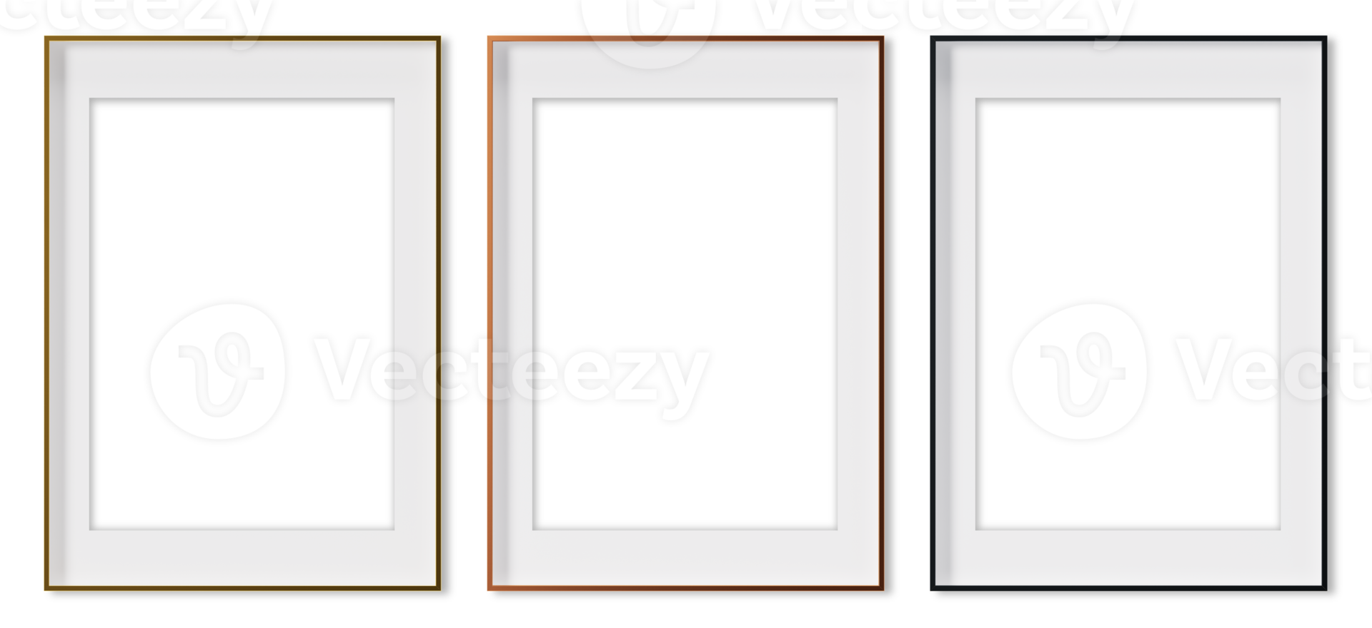 Set of vertical picture frames on transparent background, as png. Golden, copper and black frames with passepartout. Template, mock up for your picture, poster, artwork presentation. 3d render. png