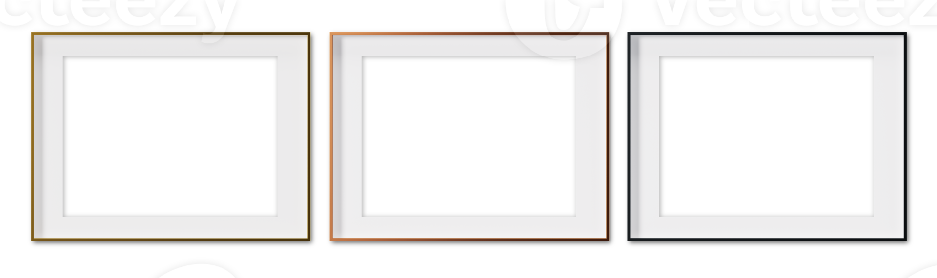 ensemble de horizontal image cadres sur transparent arrière-plan, comme png. doré, cuivre et noir cadres avec passe-partout. modèle, moquer en haut pour votre image, affiche, ouvrages d'art présentation. 3d rendre. png