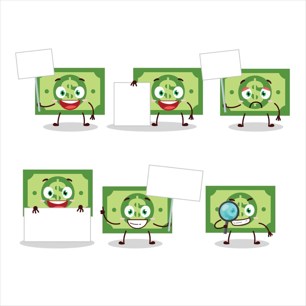 Money cartoon in character bring with information board vector