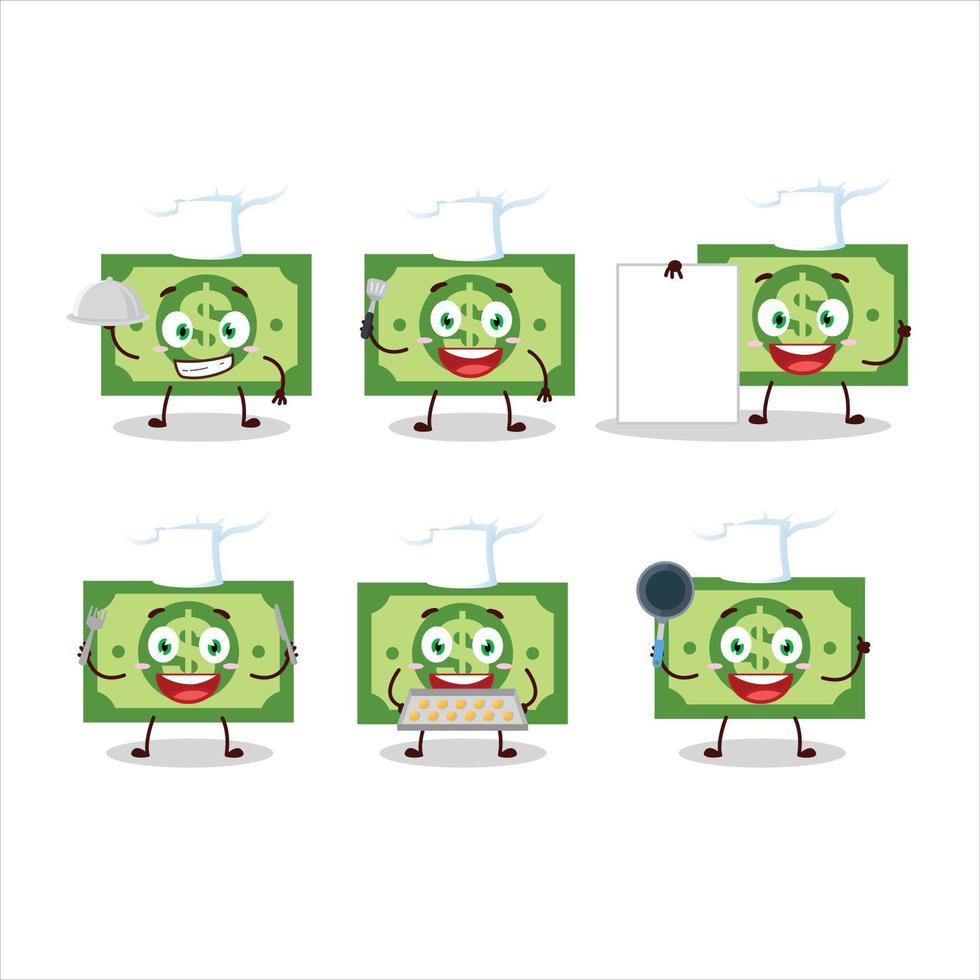 Cartoon character of money with various chef emoticons vector