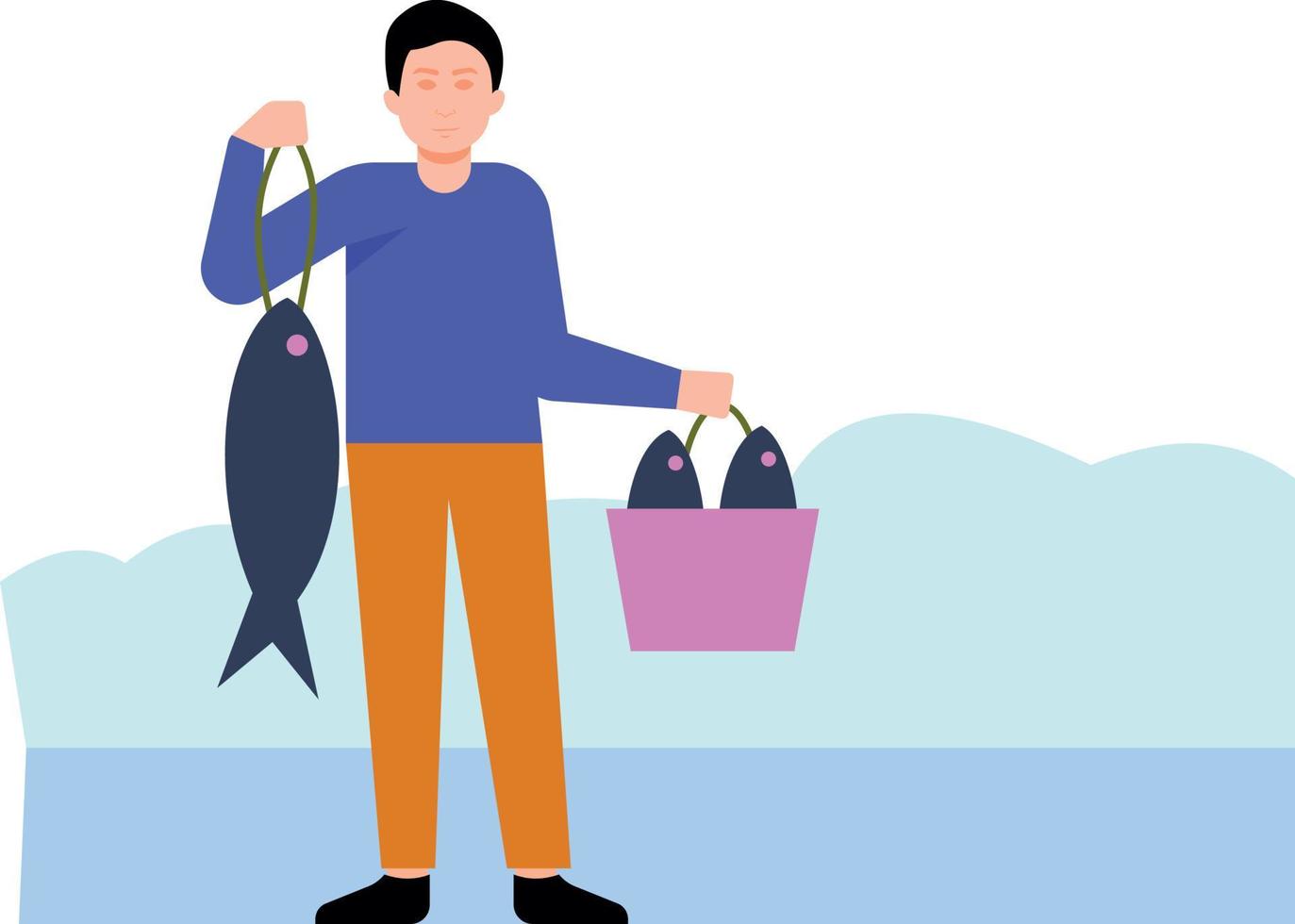 A boy is holding a bucket of fish. vector