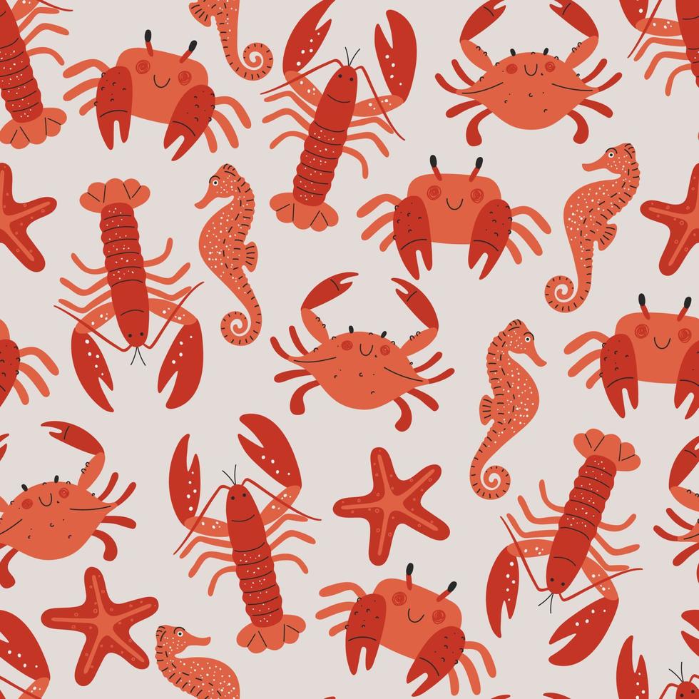 Seamless marine pattern with lobster, starfish, seahorse and crab. Ocean life and sea creatures design vector