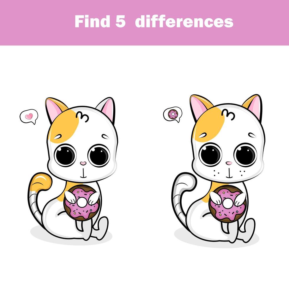 Find the differences educational children game. Kids activity sheet with cat donut. vector