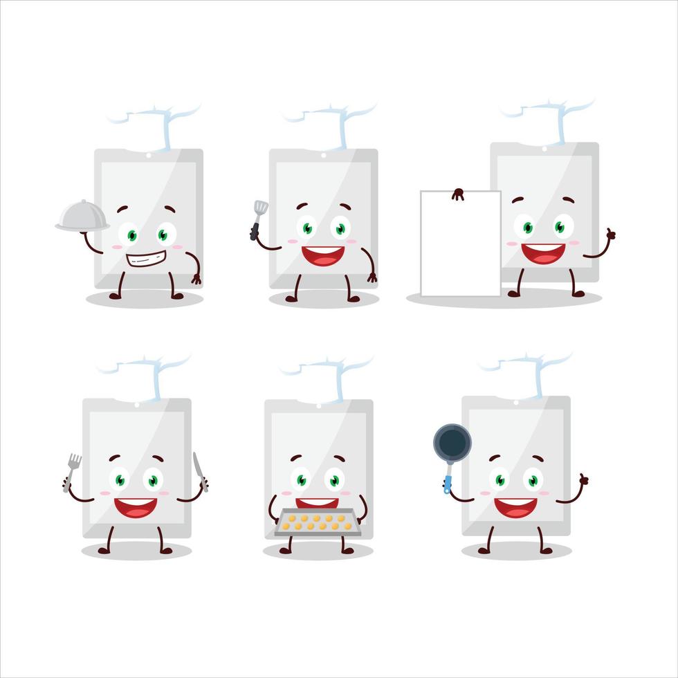 dibujos animados personaje de blanco tableta con varios cocinero emoticones vector