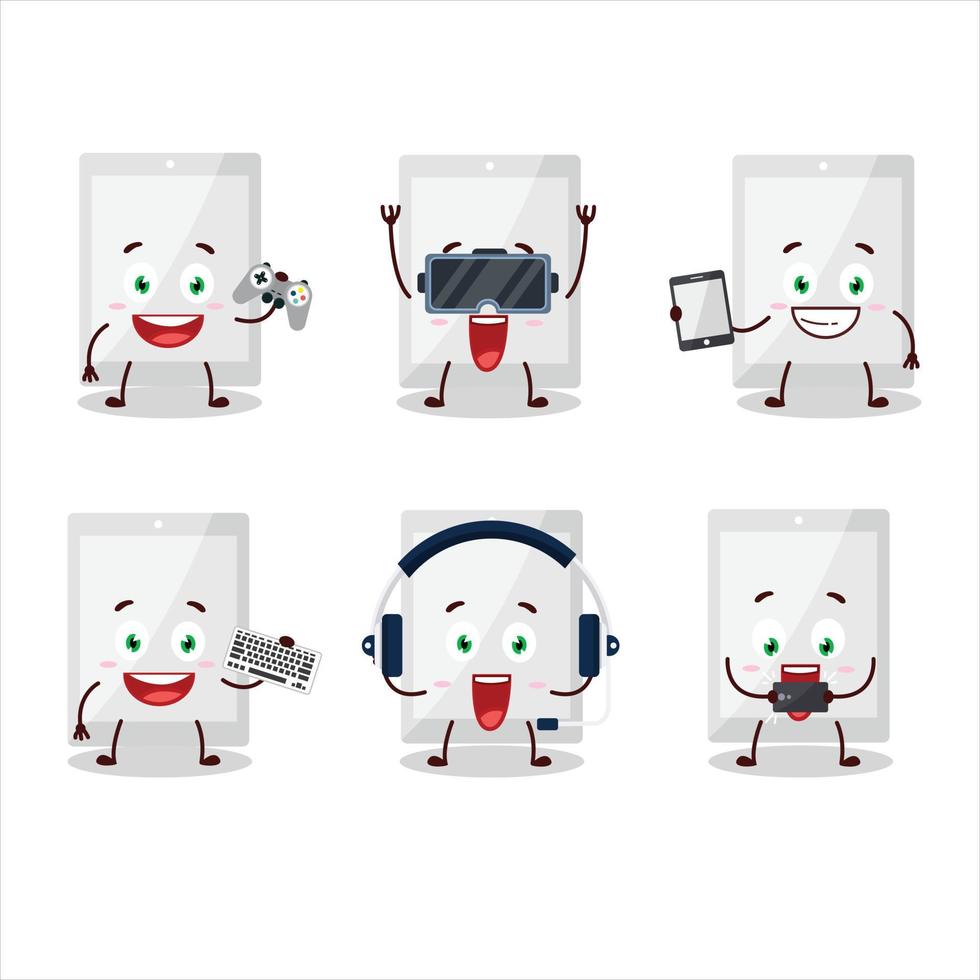 White tablet cartoon character are playing games with various cute emoticons vector