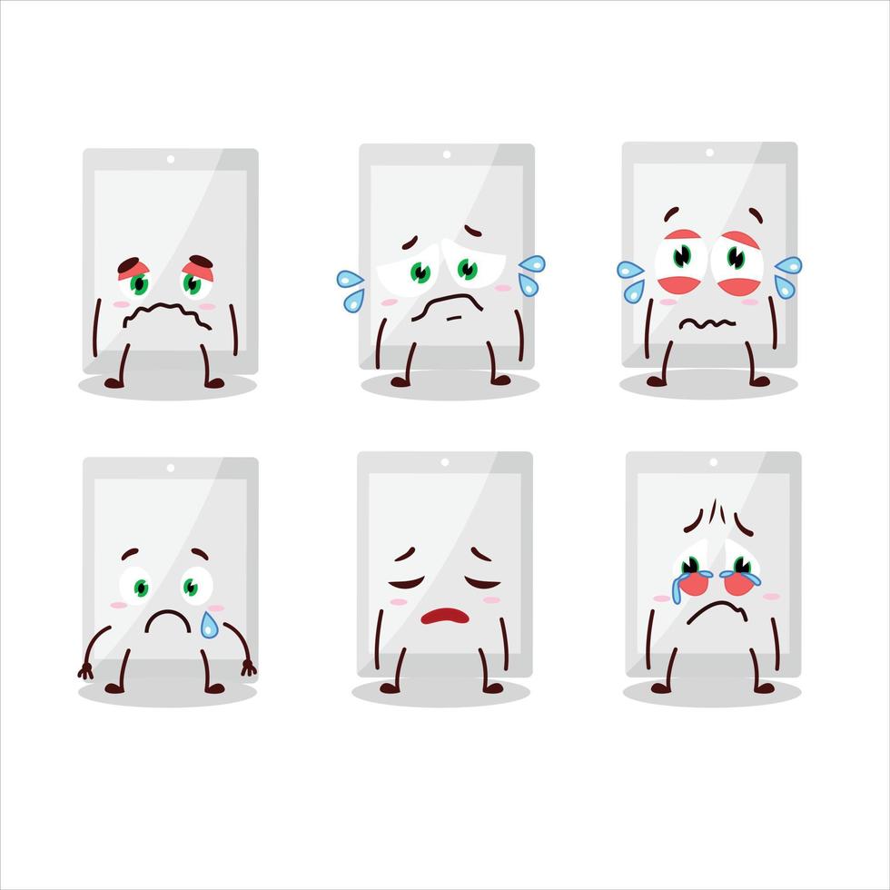 blanco tableta dibujos animados personaje con triste expresión vector