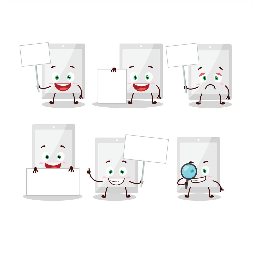 White tablet cartoon character bring information board vector