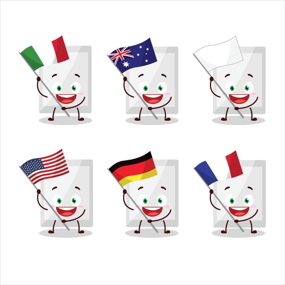 blanco tableta dibujos animados personaje traer el banderas de varios países vector