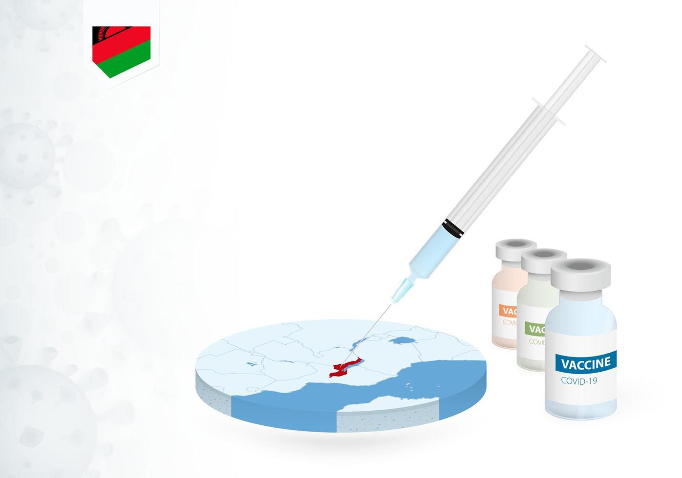 Vaccination in Malawi with different type of COVID-19 vaccine. Concept with the vaccine injection in the map of Malawi. vector