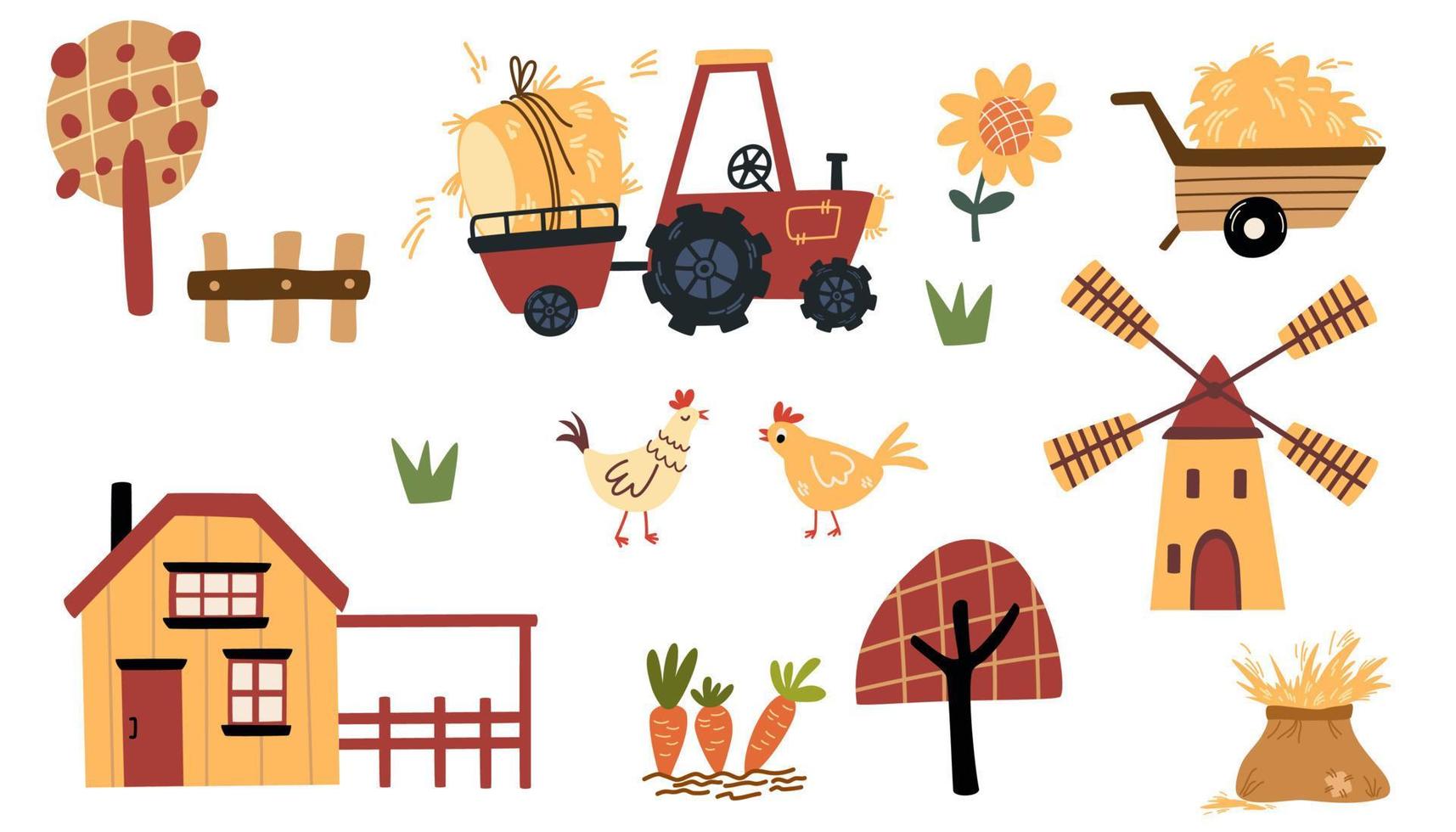 granja colocar. rural casas, molino, tractor con heno, pollos, arboles y cultivos. agricultura recopilación, rural elementos. vector dibujos animados ilustración aislado en el blanco antecedentes.