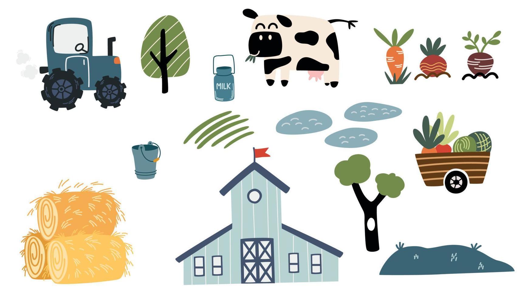 Farm set. Rural houses, windmill, tractor, hay, cow, trees and crops. Agriculture collection, rural elements. Vector cartoon illustration isolated on the white background.