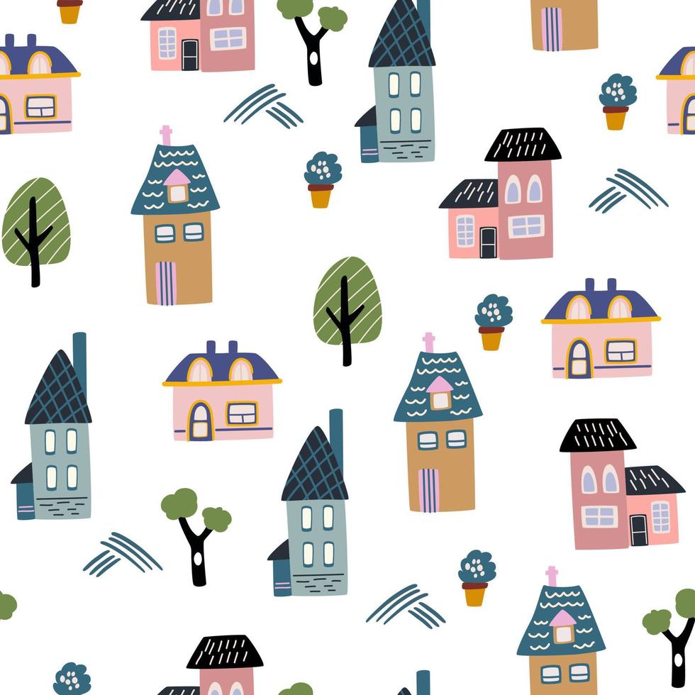 casas sin costura modelo. urbano resumen antecedentes con diferente casas con mano dibujado texturas y formas creativo ciudad para tela, textil, fondo de pantalla, envase papel diseño. vector ilustración