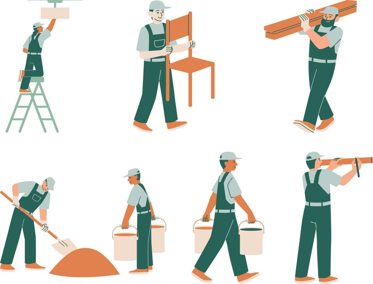 Set of builders working with construction tools. Vector illustration in flat style