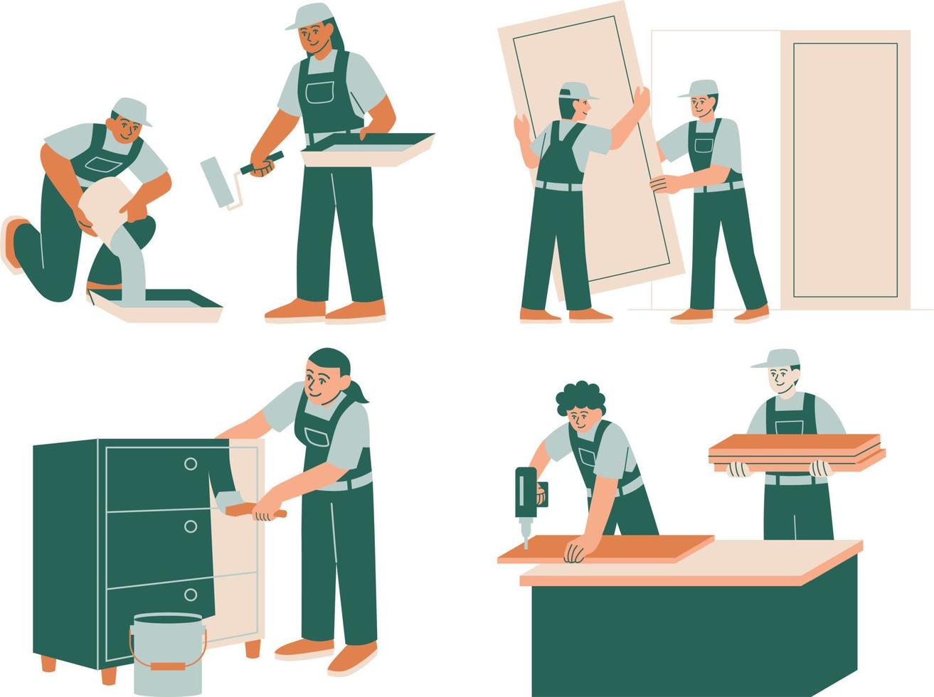 Carpenter, handyman, plumber, flat vector illustration. Set of workers
