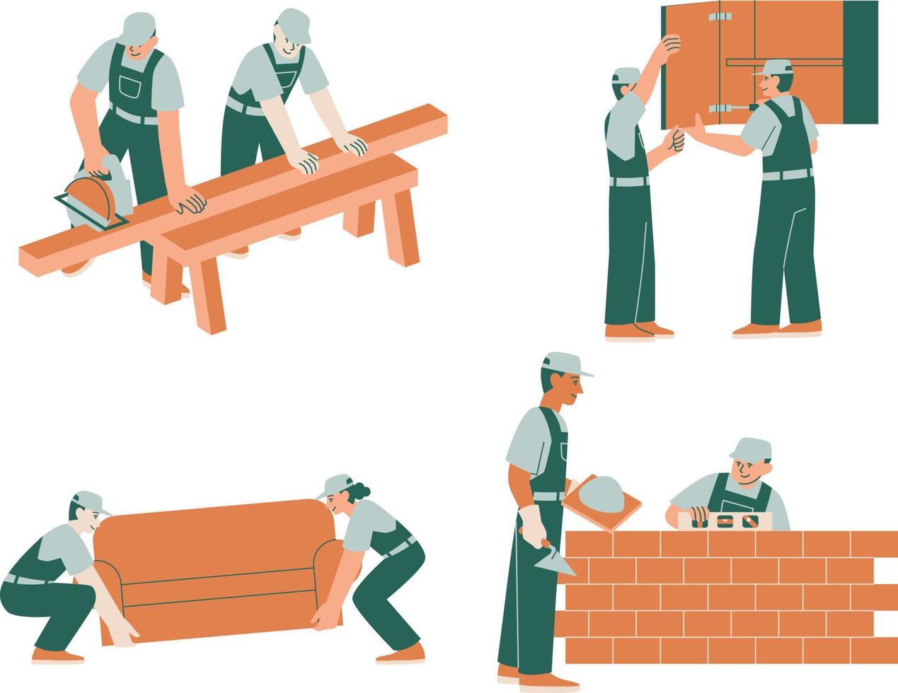 vector ilustración de un conjunto de trabajadores edificio un ladrillo pared. plano estilo.