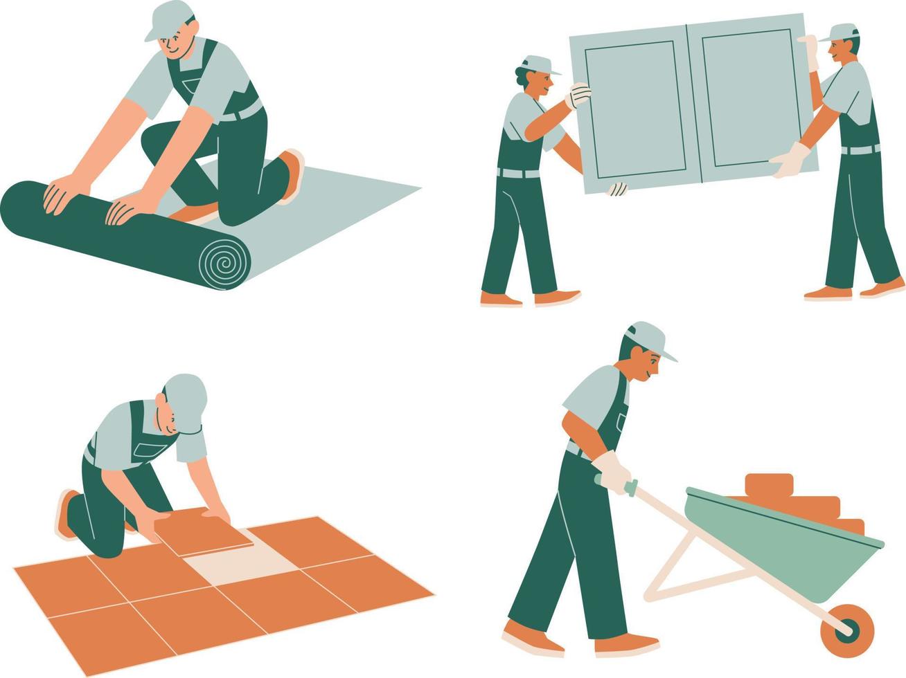 Set of workers installing floor tiles. Vector illustration in flat style.