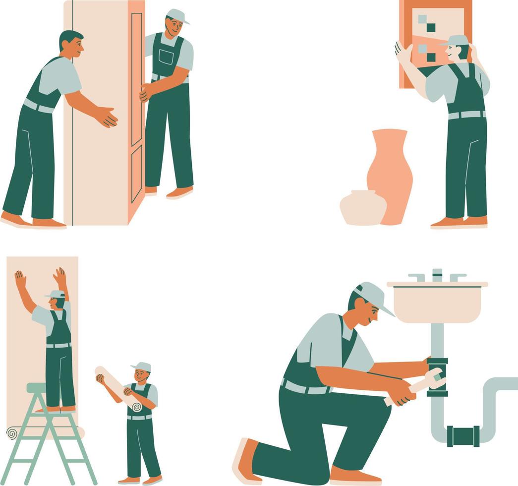 Plumber and repairman working in bathroom. Vector illustration in flat style