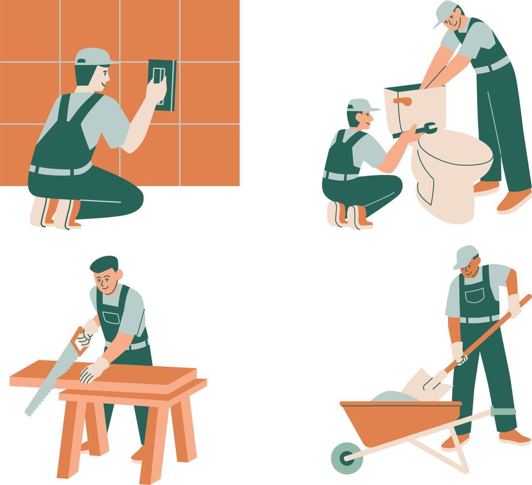 Repair and construction workers. Man and woman in overalls and helmets with tools. Flat vector illustration.